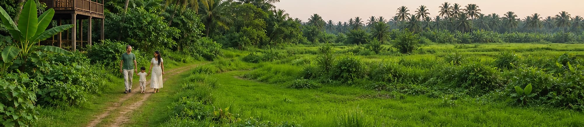 A father, mother, and their child walking hand in hand along a path through lush tropical greenery