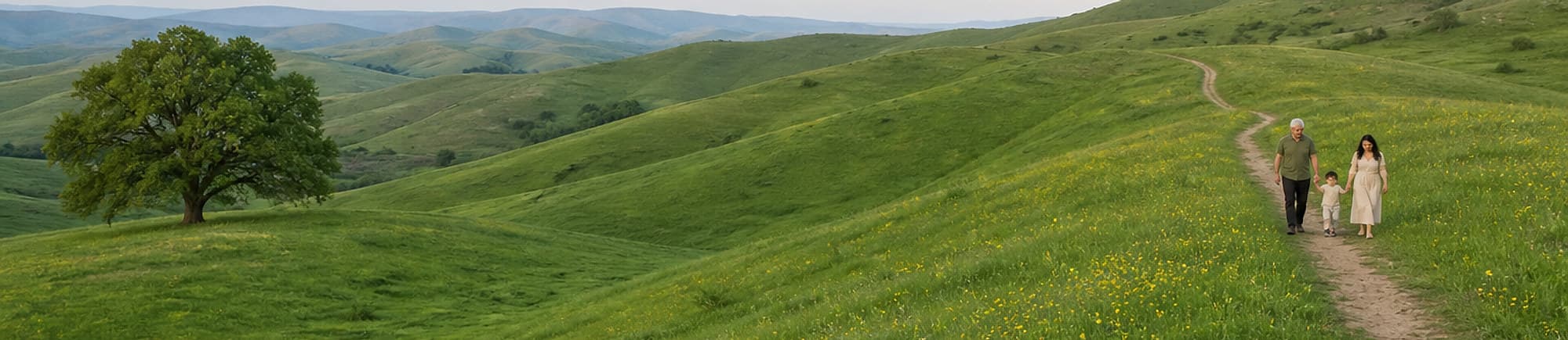 A father, mother, and their child walking hand in hand along a path through green rolling hills