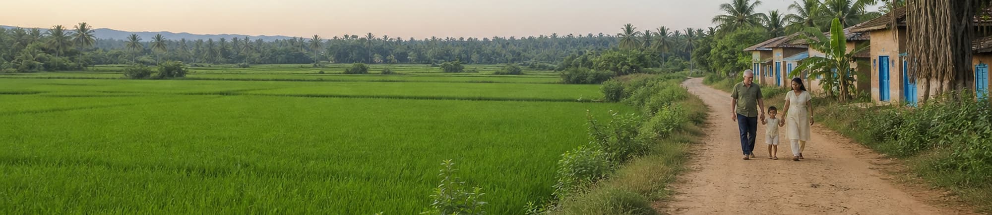 A father, mother, and their child walking hand in hand along a village lane beside green rice fields at sunset